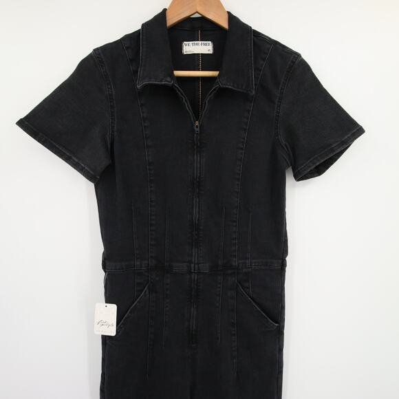 Free People We The Free Jayde Flare Jumpsuit Black Mamba NWT Denim Size M - Picture 3 of 13